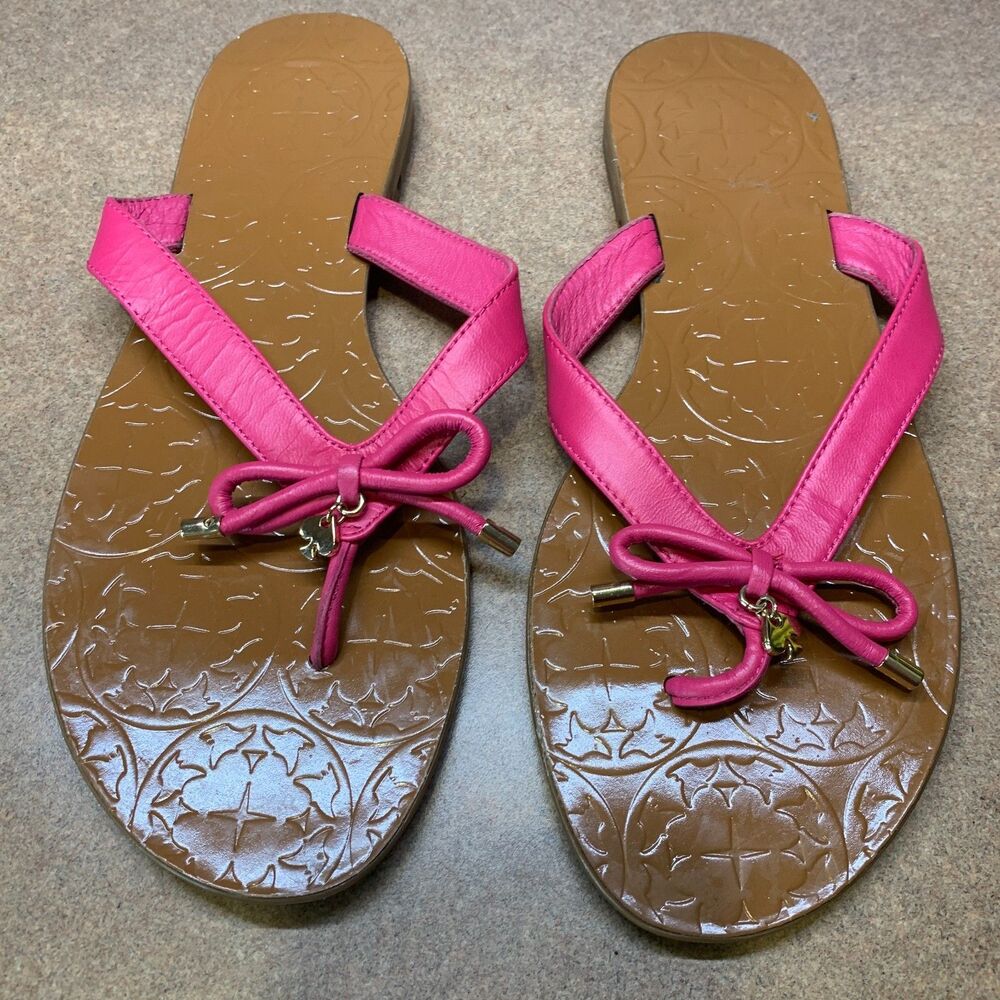 Kate Spade Hot Pink Flip Flops SZ 8. 5 Bow Charm Low Heel Girly Thong Slides